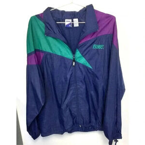 Vintage Bike Mens Multicolor Colorblock Hooded Full Zip packable hood Windbreake